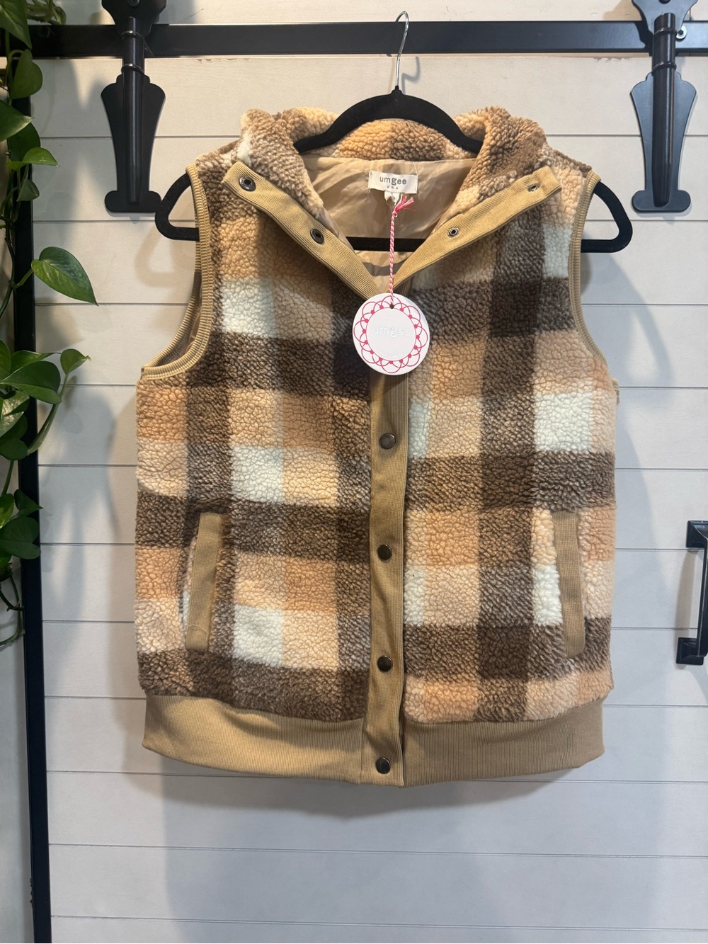 Umgee Plaid Sherpa Vest in Brown, Tan, Cream